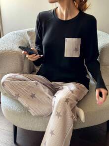 Dream Adore 条纹星形印花宽松睡衣套装，带口袋，柔软磨毛针织长袖上衣和裤子 - 彩色 - 查看 1