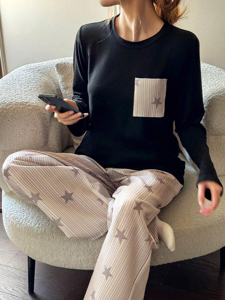 Dream Adore 条纹星形印花宽松睡衣套装，带口袋，柔软磨毛针织长袖上衣和裤子 - 彩色 - 查看 1