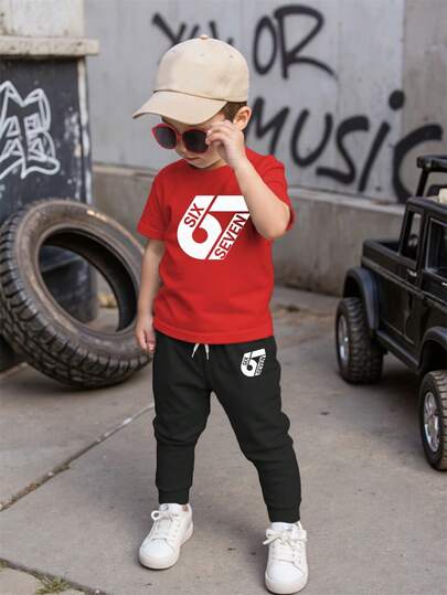 SHEIN Playful Pals 2pcs/Set Young Boy Numeric Print T-Shirt And Pants Set, Fashionable Casual Comfortable Red Crew Neck Tee And Black Trousers