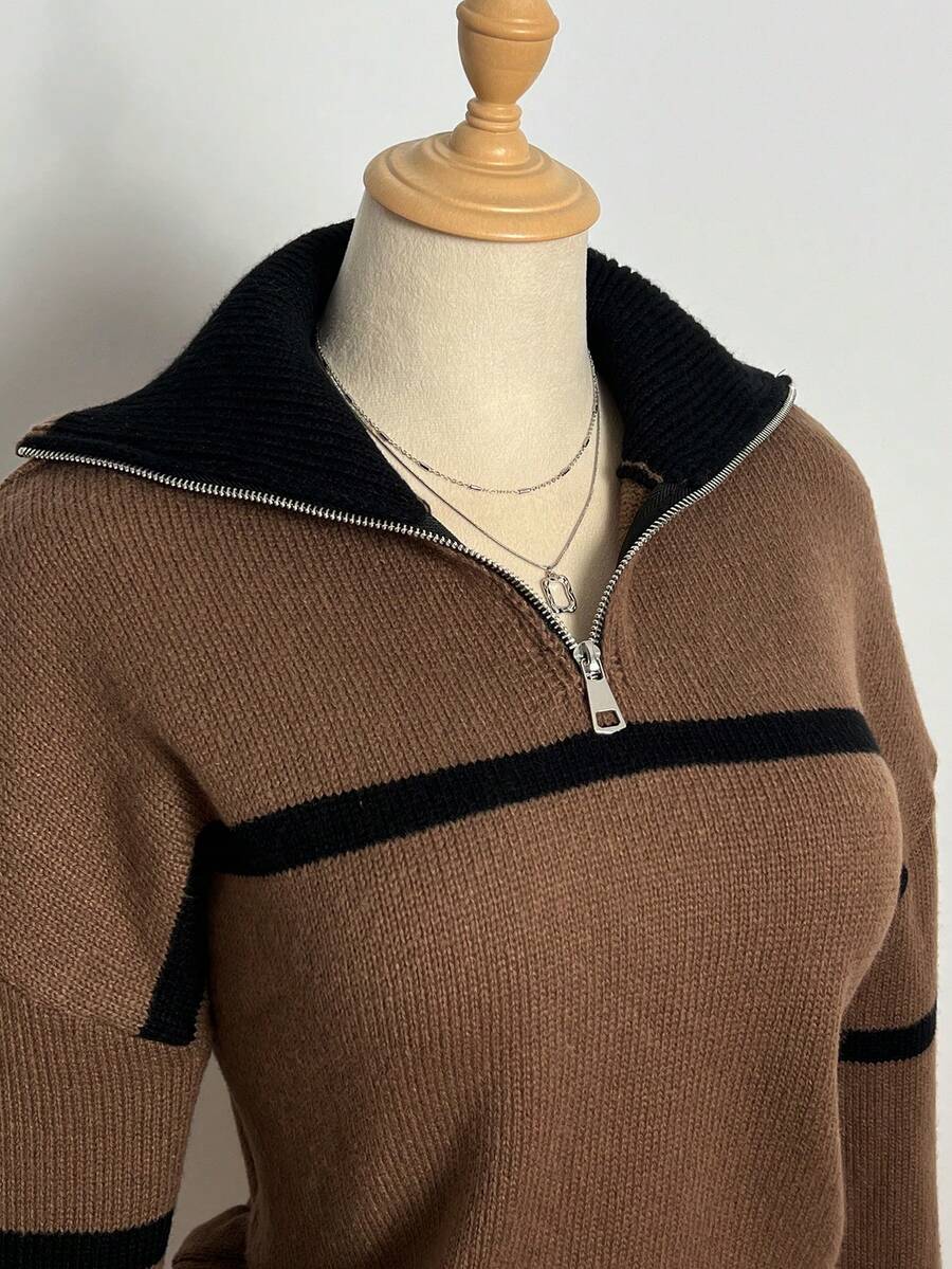 Elamini Áo len dài tay trễ vai màu tương phản thường ngày dành cho nữ - màu nâu - Xem 1