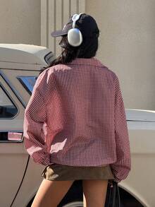 Muchica 女士红色格子拉链落肩轻薄休闲梭织外套 - 彩色 - 查看 2