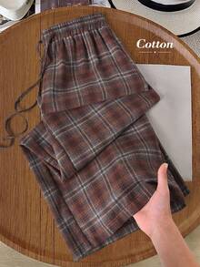 Rusticease 女士格子抽绳腰阔腿宽松休闲裤，适合新年和冬季穿着，款式多样，包括格子裤、格子运动裤、方格裤、棉质裤和冬季裤，颜色为棕色。 - 咖啡棕 - 查看 1