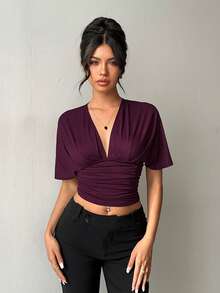 Aloruh Lila stickad topp med v-ringning och kort ärm, enfärgad pendlartröja - Blåröd - Visa 5