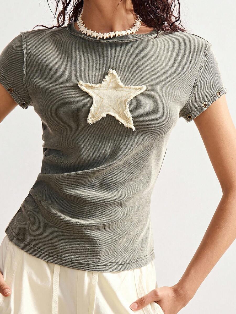 Bohemela Áo thun nữ dệt kim màu trơn cổ điển giản dị, phù hợp cho mùa hè và mùa thu - xanh quân đội - Xem 1