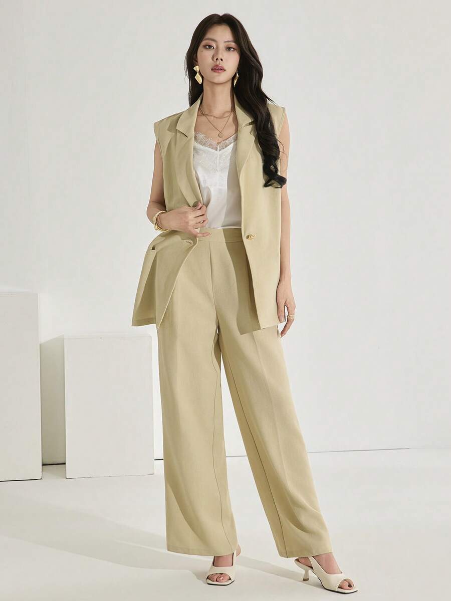 Heiryn Women's Notched Collar Single-Breasted Vest And Wide-Leg Pants Suit, Fashionable Office/Commute Outfit - Apricot - View 1