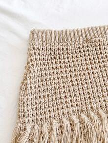 Soleia 女士度假两件套：针织纹理毛衣和流苏金属装饰迷你裙，适合派对、约会、海滩度假、夏季穿搭、假日、下午茶、婚礼季、邮轮旅行、城市之旅、波西米亚风度假、音乐节等场合。 - 卡其色 - 查看 4