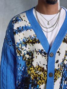 ROMWE MEN Street Life Men's Van Gogh Painting Style Single-Breasted Casual Knit Cardigan - Multicolor - View 2