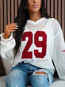 SAYEHFBABY 男女情侣同款街头休闲针织条纹数字印花超大针织罩衫上衣秋冬校园风 - 白色 - 查看 4