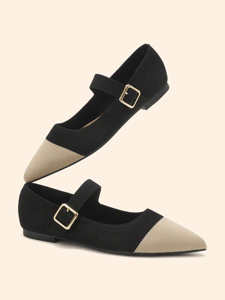CUCCOO BASICS Women's Fashion Pointed Toe Flat Black & Beige Knit Material Comfortable Breathable Commute Daily Versatile Mary Jane Flats Spring Shoes