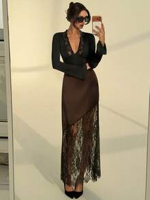 Aloruh 秋冬新款浪漫约会棕色缎面撞色蕾丝A字裙，情人节女士穿搭 - 棕色 - 查看 3