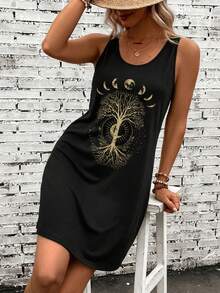 SHEIN LUNE Casual Minimalist Tree & Moon Print Sleeveless Dress, Suitable For Summer Spring,Casual - Black - View 6