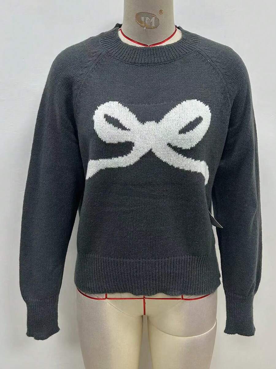 Chiquease New Korean Style Casual Loose Bowknot Pullover Sweater For Women, Autumn/Winter Knit Pullover Fall - Dark Grey - View 1