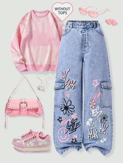 SHEIN ChillGRL 少女复古街头风休闲校园日常牛仔裤，皇冠、花朵和涂鸦印花，多口袋设计，甜美时尚，浅蓝色水洗弹力腰牛仔裤，适合日常出行和度假。
