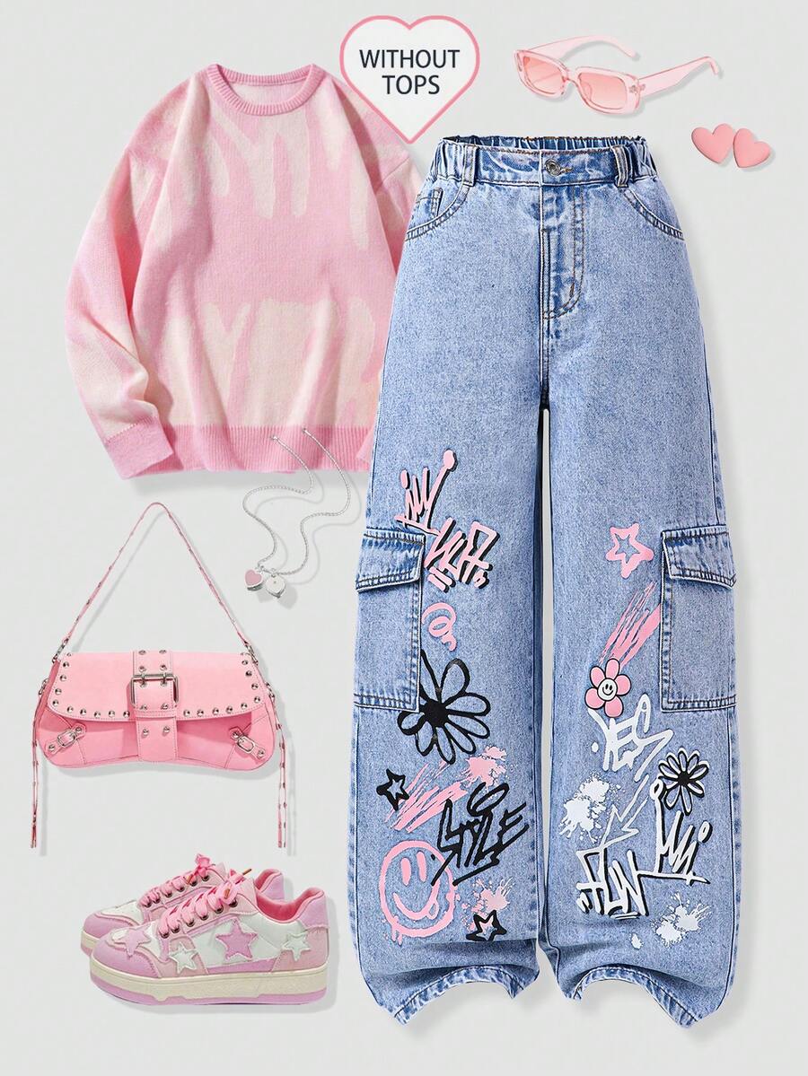 SHEIN ChillGRL 少女复古街头风休闲校园日常牛仔裤,皇冠、花朵和涂鸦印花,多口袋设计,甜美时尚,浅蓝色水洗弹力腰牛仔裤,适合日常出行和度假。 - 淺色水洗藍 - 查看 1