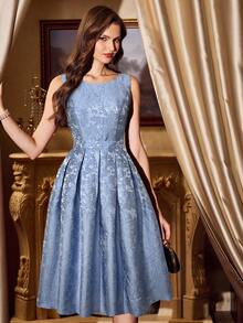 xheVintamour Vestido de graduación de mujer elegante de jacquard vintage, vestido de invitada de boda, atuendo de vacaciones para mujer, vestidos de graduación elegantes y formales para mujerxhe - Azul - Ver 5