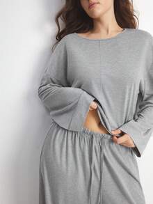 Ocili 女士加大码两件套舒适柔软竹纤维针织圆领长袖上衣和裤子睡衣套装，夏季、秋季、冬季服装 - 灰色 - 查看 7