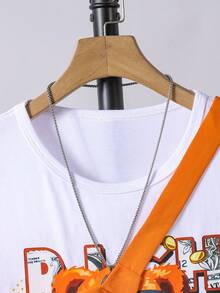 SHEIN Streecool Kids 3 件套大童男童可爱熊印花 T 恤、工装口袋短裤和斜挎包，春夏 - 橘色 - 查看 5