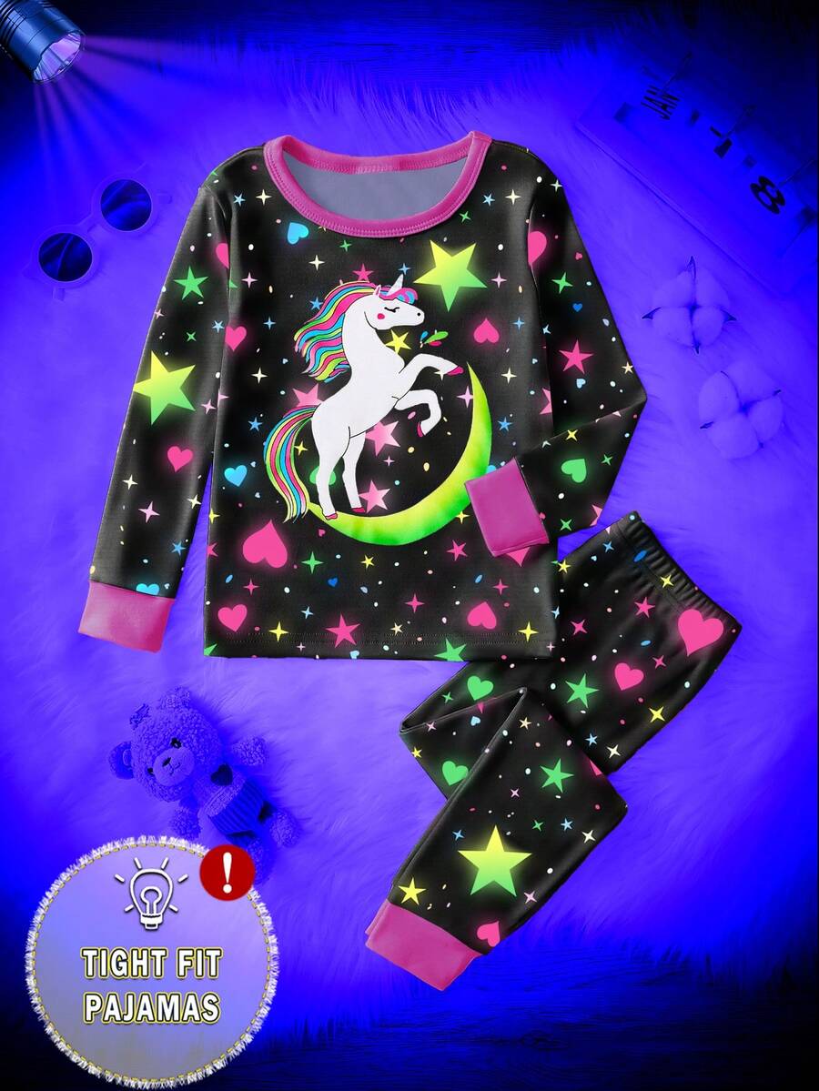 1套女婴夜光独角兽星星印花修身长袖睡衣套装，春秋季 - 黑色 - 查看 1