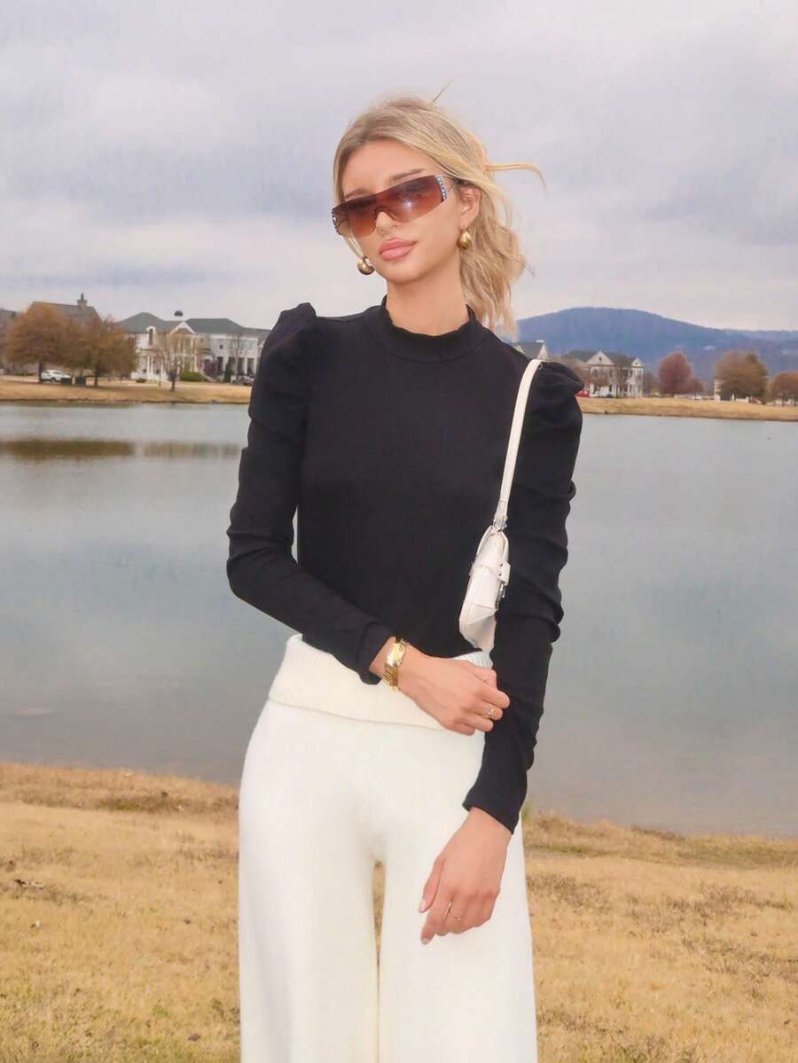 Sydney Algeri Women's Elegant Solid Color Puff Sleeve Bodysuit, Autumn - Black - View 1