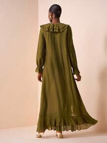 Zivah 2025秋冬季新年、情人节、派对、宴会、约会、生日派对、学院风、学生装、日常出行、百搭基础款、休闲、邮轮旅行、爆款、优雅、通勤、商务休闲、极简主义、性感夜店风、浪漫荷叶边V领双层荷叶边长袖、弹性袖口、高开衩荷叶边、宽松A字裙、橄榄绿透明竖条纹纹理面料、性感长裙、派对礼服、秋冬连衣裙、女装 - 軍綠色 - 查看 2