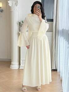 Modelyn Solid Color Flare Sleeve Floral Decor Elegant Long Dress - Yellow - View 4