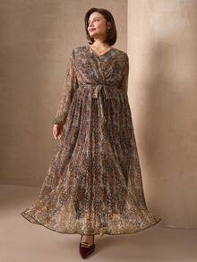 Chikora Abito elegante di media lunghezza con scollo a V, maniche a lanterna, plissettato, con stampa floreale e leopardata, adatto per resort, abiti da spiaggia, abiti da sole, outfit bohémien da vacanza, taglie comode per donna - Multicolore - Visualizzare 5