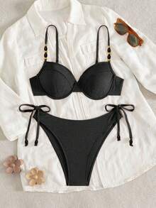 Swim Chiccia Women's Solid Color Steel Bra Spaghetti Strap Pearl Decor Triangle Panty Side Tie 2-Piece Set - Black - View 3