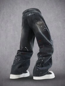 Manfinity Denimwave 街头风剪刀腿印花泼墨手绘小众设计水洗宽松阔腿牛仔裤 - 黑色 - 查看 2