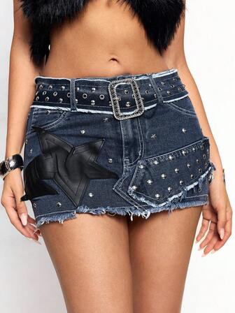 J-Fashion Jupe en jean mini taille ultra basse avec décorations de perles et œillets, style rétro Y2K sexy pour femmes