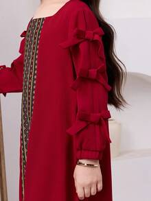 SHEIN Đầm thường ngày họa tiết nơ vuông dệt trơn màu cho bé gái - Đỏ - Xem 5