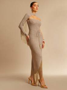 Silquee Vestido de saída de praia moderno, sem alças, com fenda e franjas - Ouro - Ver 5