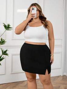 SHEIN CURVE+ Váy ôm sát cơ thể mini cạp chun màu trơn cỡ lớn cho nữ/2026/Năm mới - màu đen - Xem 4