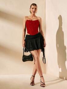 SHEIN BAE 夏季海滩度假纯色蕾丝文胸上衣，适合日常约会、夜间外出、夜店、派对、聚会、鸡尾酒会、泳池派对、返校季服装、学期服装、假日服装、办公通勤服装，束身胸衣 - 紅色 - 查看 4