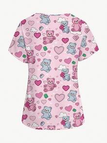PopScrub Cartoon Bear & Heart Print Short Sleeve Nurse Scrub Top, For Women - Multicolor - View 3