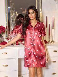 心形条纹翻领仿丝绸女士睡裙 - 紅色 - 查看 4