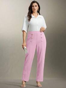 Flouryn 大码双金属装饰纽扣直筒裤，通勤和外出穿着优雅得体 - 粉色 - 查看 6