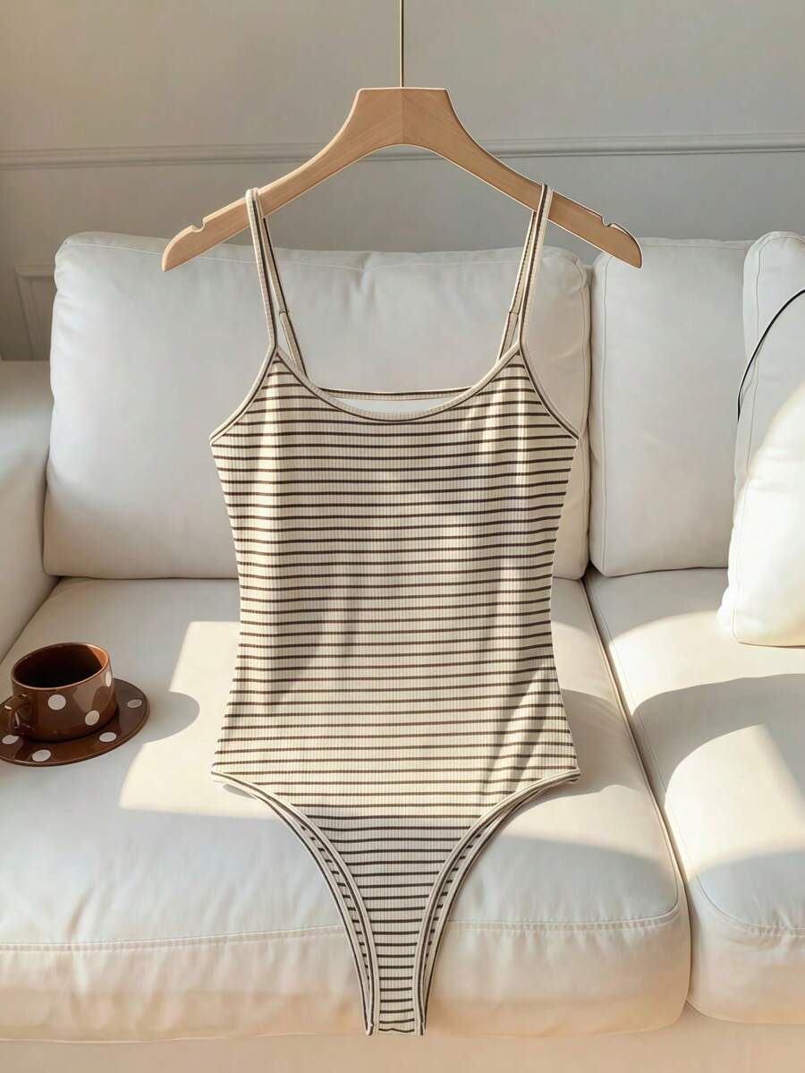 Comfortcana Women's Sexy Striped Open Back Camisole Bodysuit For Summer - Brown - View 1