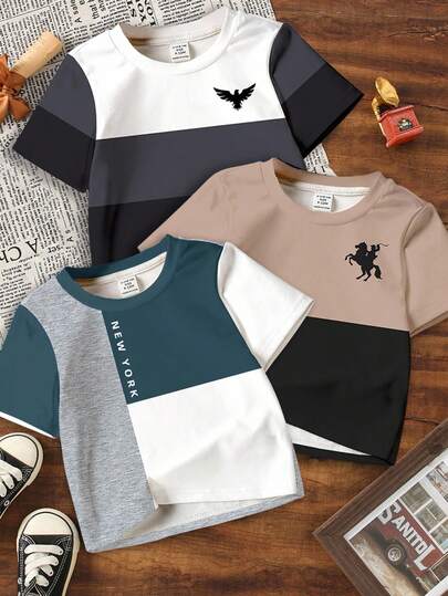 3件套男童休闲酷炫经典撞色拼接小logo印花舒适短袖T恤，适合春夏穿着