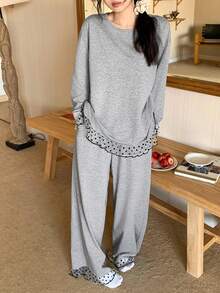 DAZY Bộ đồ ngủ ren lưới chấm bi dành cho nữ - Xám - Xem 6