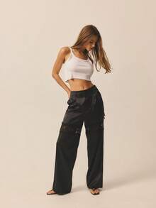 Aralina Pantalones relajados de cintura alta con inserto de encaje, elegantes para fiestas de Navidad, Año Nuevo y Acción de Gracias - Negro - Ver 7