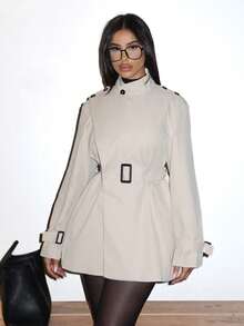 Shopreo STAND COLLAR BELTED TRENCH COAT - Khaki - View 4