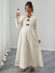 Momance Elegant Contrast Color Button Jacquard Long Sleeve Dress - Apricot - View 3