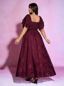 Viva Relle 大码女式镂空心形领口荷叶边下摆短袖优雅连衣裙 - 酒紅色 - 查看 2