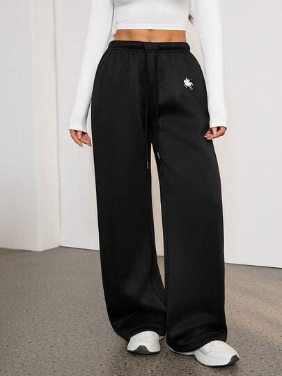 SHEIN PETITE 休闲运动风小马图案女式秋冬宽松抽绳腰运动裤，适合上学季和日常穿着，学院风