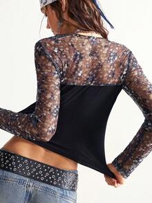 Bohemela 休闲纯色针织撞色蕾丝长袖修身女式T恤 - 黑色 - 查看 7