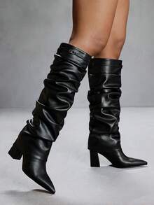 CUCCOO SZL Botas altas de mujer de piel de imitación plisada, de moda y versátiles para uso diario - Negro - Ver 4