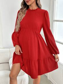 SHEIN Maternity Elegant Green Long Dress, Lantern Sleeve, High Slit Hem, Fitted Dress For Pregnant Women - Red - View 3