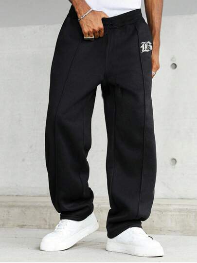 SHEIN Teen Boys' Black Simple Style Jogger Pants, Contrast Letter Graphic Print, Casual Sporty Comfortable Versatile Soft Fabric, Suitable For Daily Wear, School, Outings, Outdoor Activities, Fall Autumn And Winter Clothes, Back To School Trackpants Jogging Baggy Sweatpants Y2k Sweatpants Boys Black Sweat Pants Boy Sweats