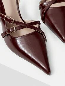 Mnmlis Sapatos de Salto Femininos Elegantes e da Moda com Bico Fino e Fivela Ajustável, Adequados para Trabalho e Transporte - Vinho - Visão 4