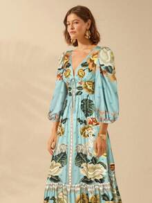 CAJUNI Women's Boho Tropical Floral V-Neck Long Sleeve Backless Waist A-Line Vacation Dress, Boho Dress Women - Multicolor - View 4